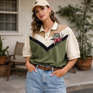 Vintage Tiger Embroidered Polo Golfcore Colorblock Alfred Dunner Shirt L